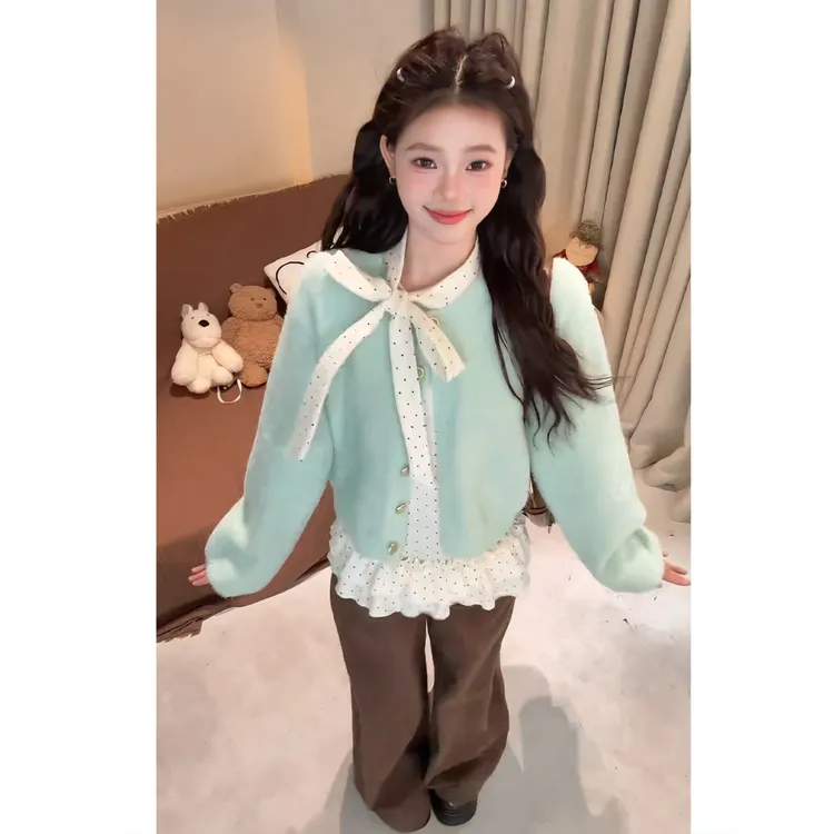 2025年冬季新款休闲少女风套装针织开衫显瘦打底衫阔腿长裤三件套