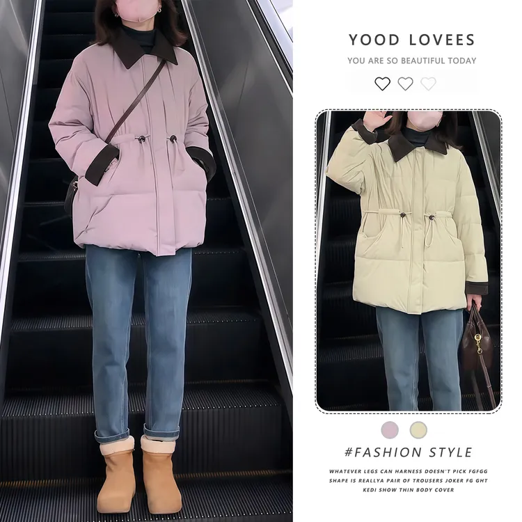 2025新款冬季红色撞色翻领收腰轻薄棉服女款中长款宽松加厚棉袄潮