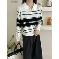 15015 WANGDAN（部分无水洗唛，介意慎拍)半拉链条纹翻领针织长袖