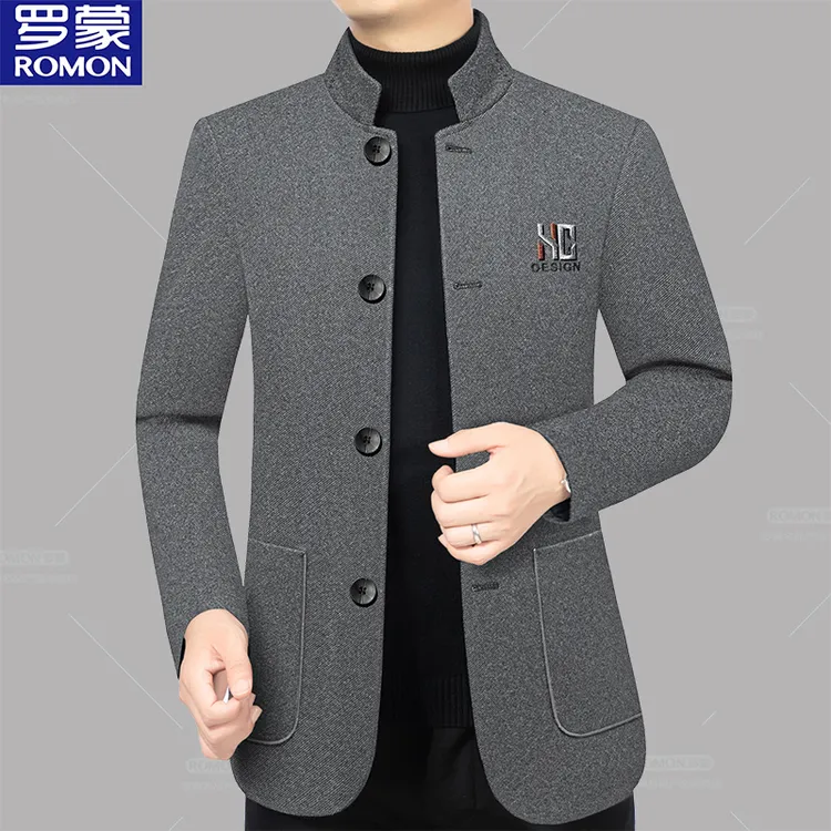 罗蒙新品秋款立领毛呢夹克外套男装商务休闲中年高档立领时尚外套