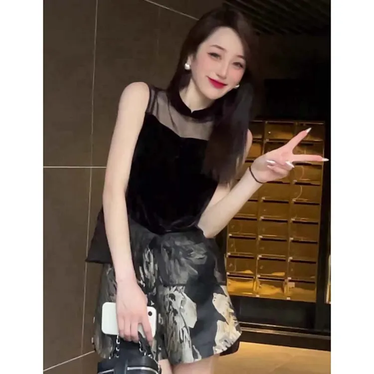 【两件套】夏季新款轻熟风高级感拼接网纱衬衫复古短裤套装女D2709