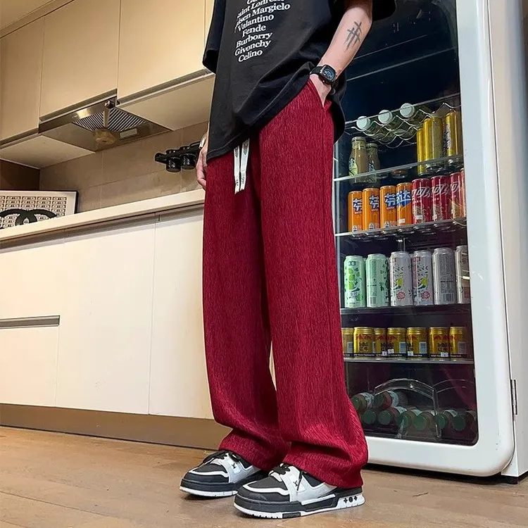 男士夏季红色褶皱阔腿直筒休闲长裤薄款阔腿裤裤子高街裤夏季卫裤