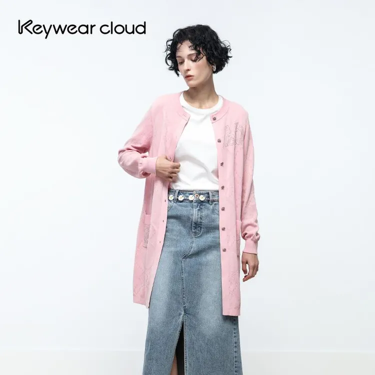 Keywearcloud奇威秋冬甜美少女风温柔穿搭嫩粉提花长袖开衫连衣裙