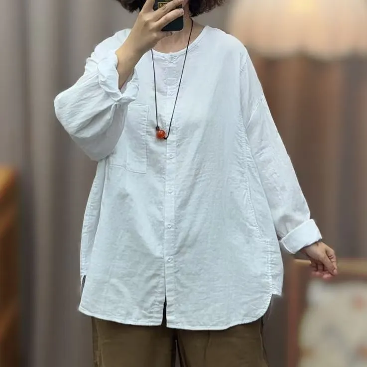 2449圆领长袖衬衫棉纱宽松百搭女衬衣200斤