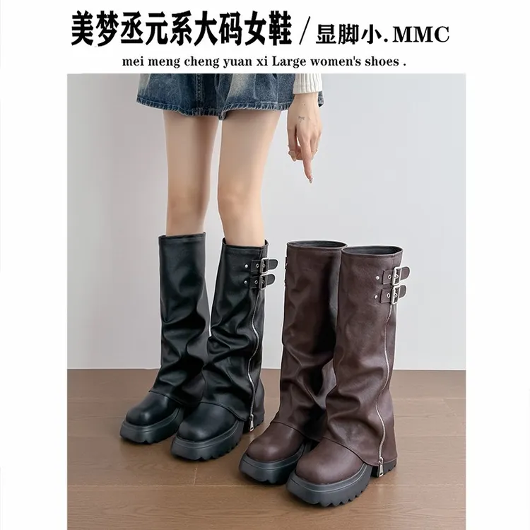 复古粗跟裤管靴女厚底增高西部靴不过膝长靴高筒骑士靴宽胖脚单靴