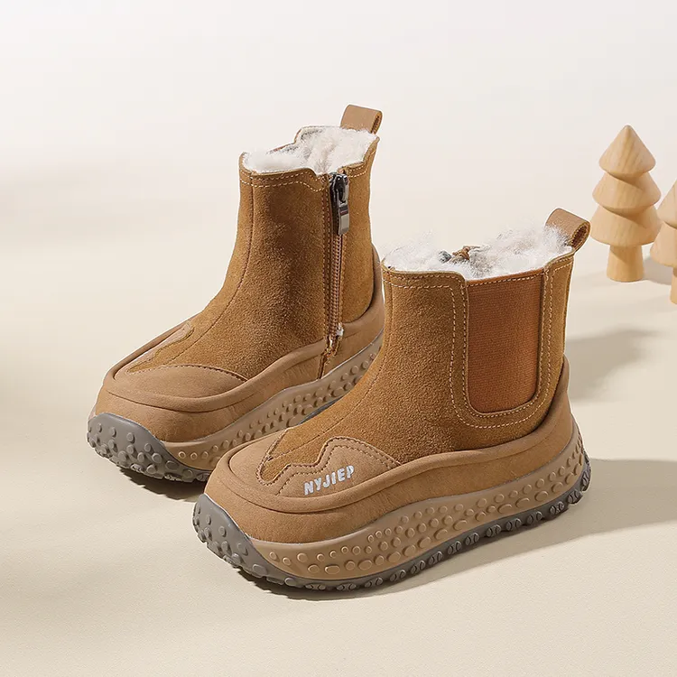 男女童同款冬季女童厚底雪地靴休闲风侧拉链平跟加厚保暖马丁靴