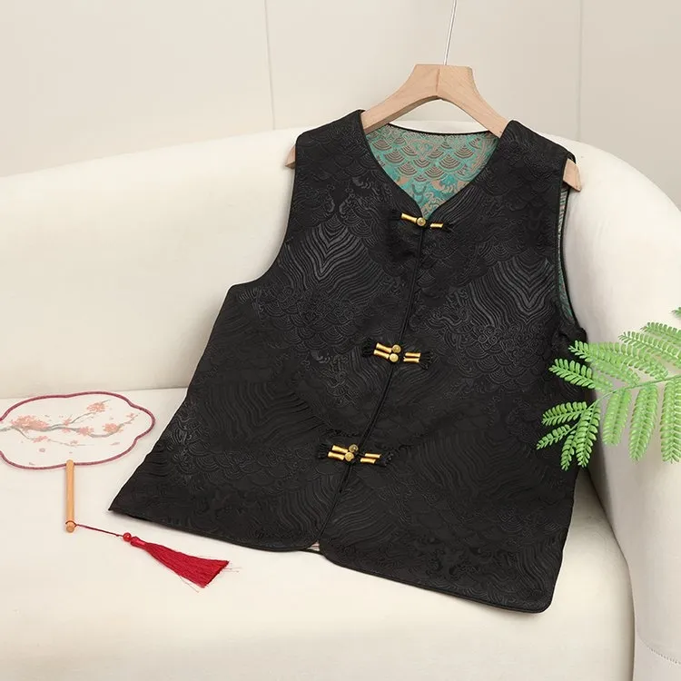 春夏新款【织锦马甲】中式国风双面双穿织锦提花缎圆领上衣透气马夹