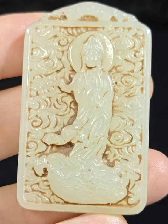 旧藏天然和田玉观音玉牌吊坠挂件30克55*33*8mm