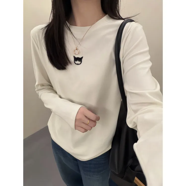 /烫钻小怪兽/胸前定钻猫咪头长袖T恤女百搭打底衫 衣长60 CC56