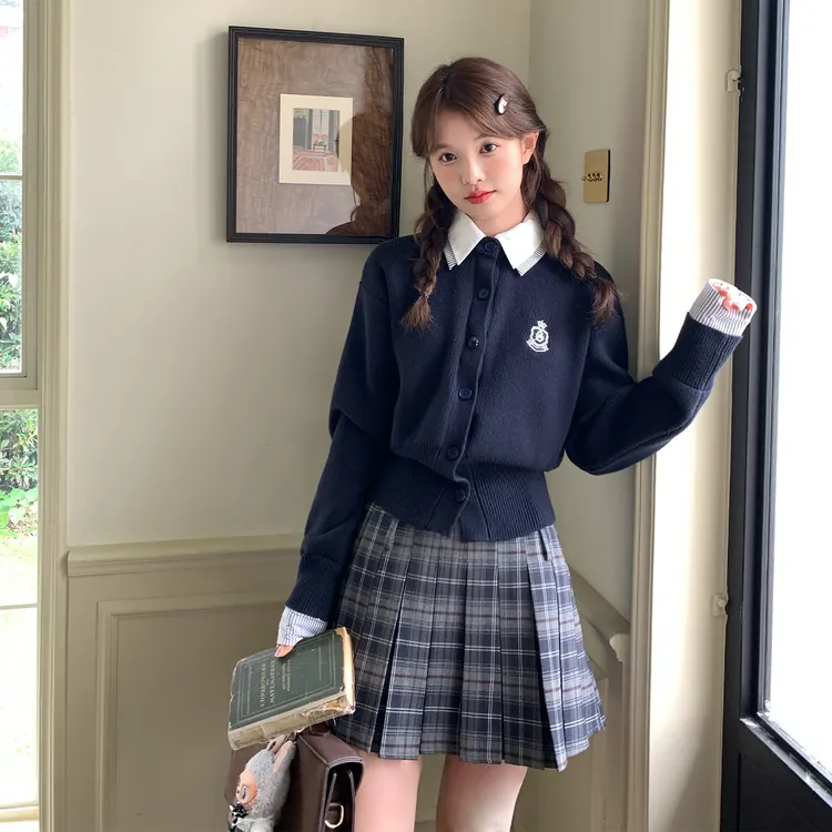 东京岁时记jk秋冬藏青色假两件针织开衫小个子学院风毛衣上衣女