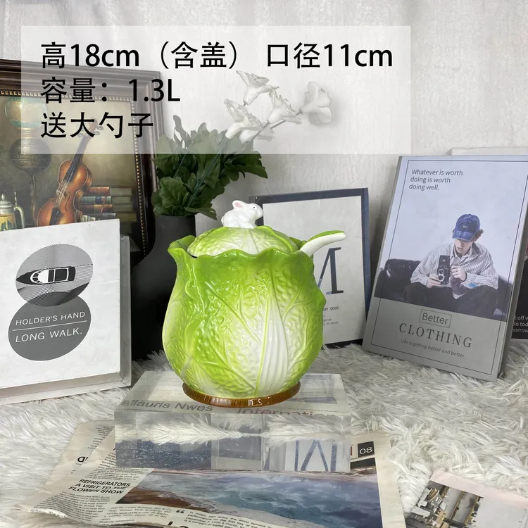 手工珐琅瓷手绘柚下彩浮雕白菜兔子储物罐猪油罐