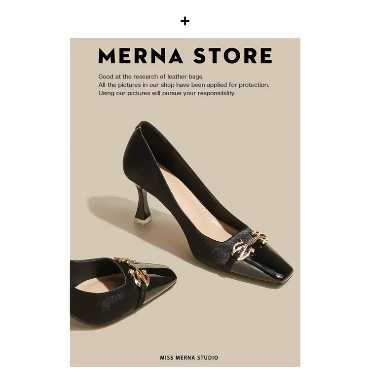 法式方头一脚蹬细跟高跟鞋黑色复古气质浅口单鞋女都市通勤职业鞋