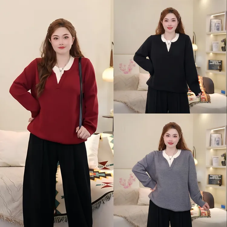 梦丞大码女装微胖显瘦百搭长袖套头款宽松假两件冬季圆领毛针织衫