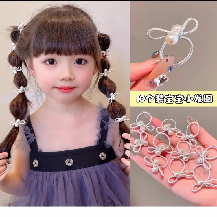儿童银色蝴蝶结皮筋发圈珍珠拇指圈甜酷小女孩扎辫子头绳宝宝发绳