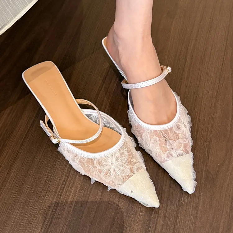elingstudio 误入仙境！白色蕾丝网纱尖头半拖鞋女春夏细跟高跟鞋