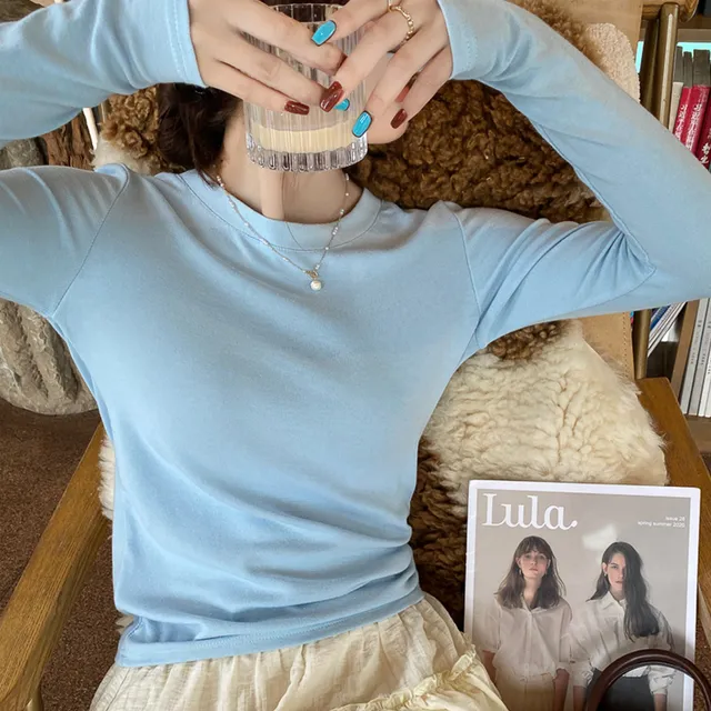 蓝色圆领莫代尔打底女装内搭2025春夏季新款长袖T恤薄款修身上衣