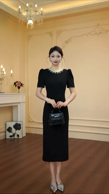 轻奢中长裙小黑裙短袖圆领法式连衣裙夏季晚礼服抹胸型修身裙子