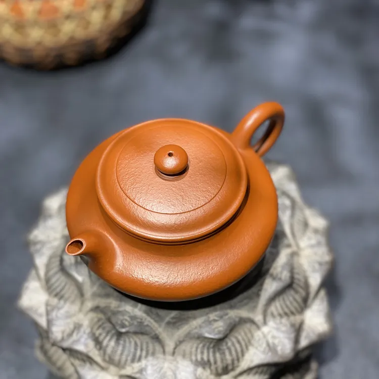 宜兴全手工紫砂壶虚扁壶朱泥紫砂壶220cc宜兴原矿朱泥紫砂壶