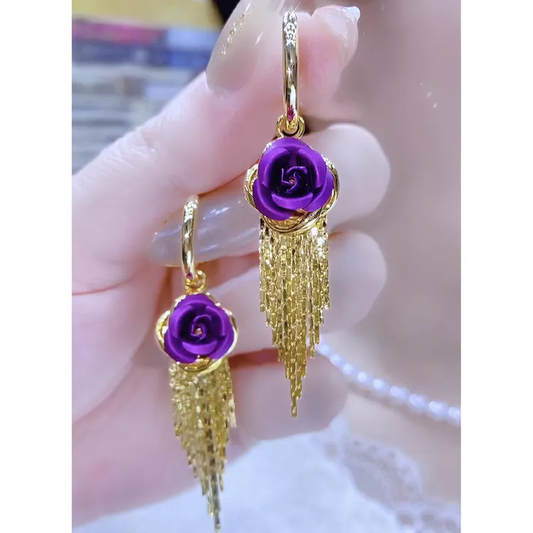 铜合金合成锆石耳饰 时尚百搭气质优雅轻奢玫瑰花流苏耳环