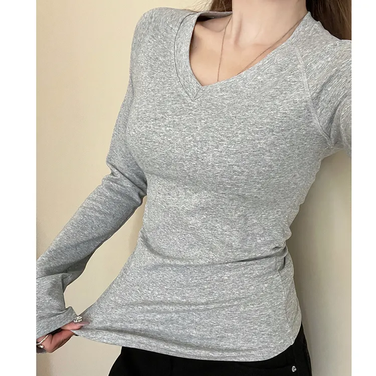 辣妹风常规v领正肩长袖t恤女春装2025年新款收腰修身显瘦打底衫女