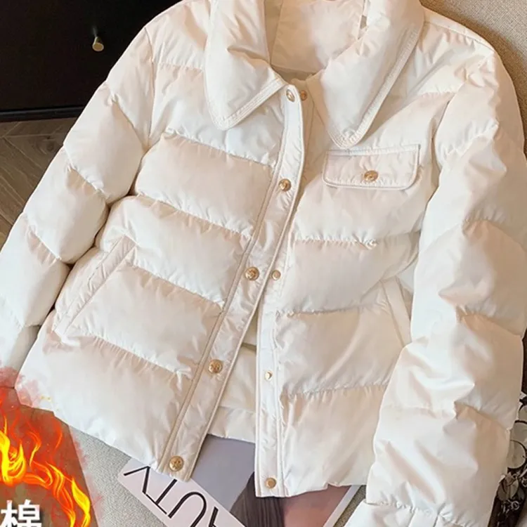 小香风白色翻领金扣设计感短款棉服女秋冬加厚保暖气质时尚外套