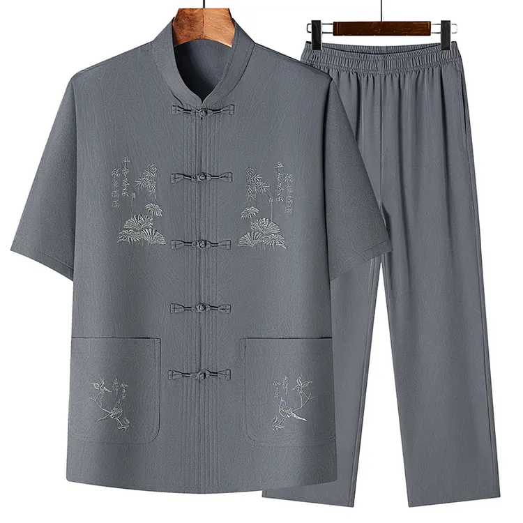 唐装短袖爸爸套装夏季薄款中国风爷爷汉服中老年休闲两件套