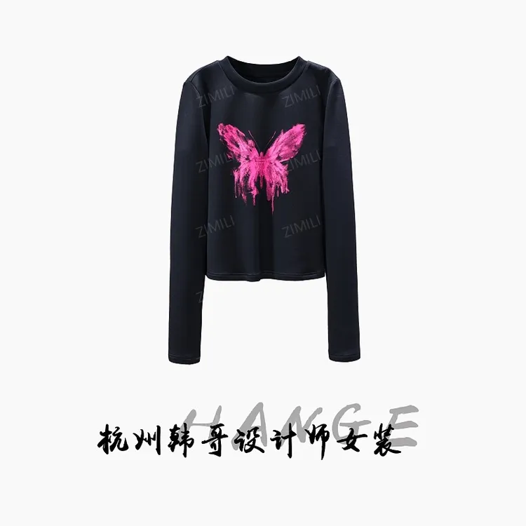 【韩哥女装】2025秋冬新品《玫粉蝶影》午夜黑蝴蝶印花打底衫1889-A1