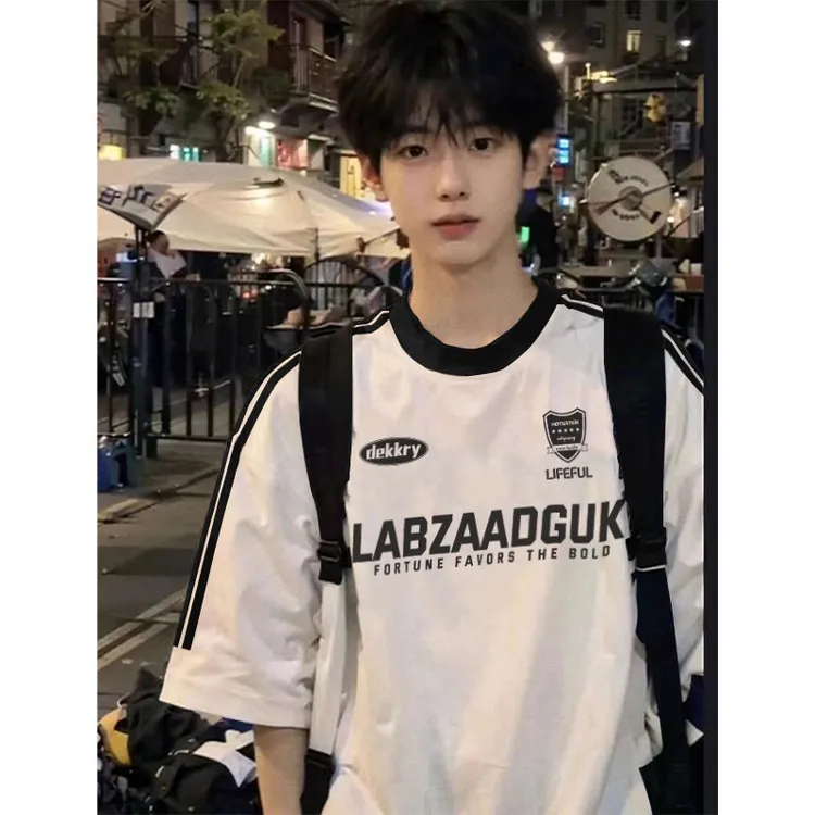 美式原创字母印花三条杠短袖t恤男夏季简约百搭宽松纯棉打底上衣