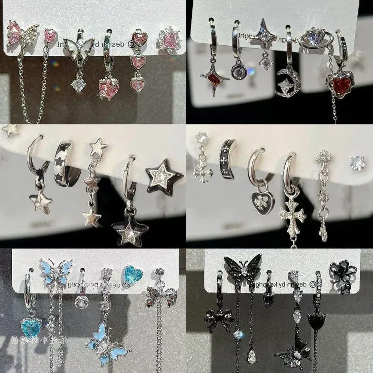 铜合金锆石耳饰 酷grl ! 爱心锆石六件套耳钉甜酷耳圈小众设计件