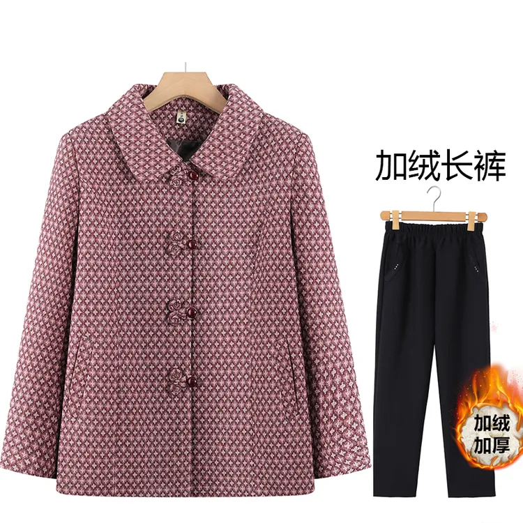 妈妈冬季新款加绒加厚外套奶奶装保暖翻领宽松上衣中老年女冬装