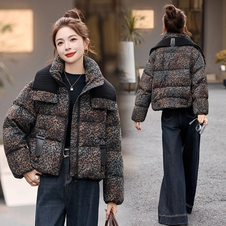 洋气独特别致漂亮豹纹棉袄女短款小个子加厚棉服超好看冬装厚外套