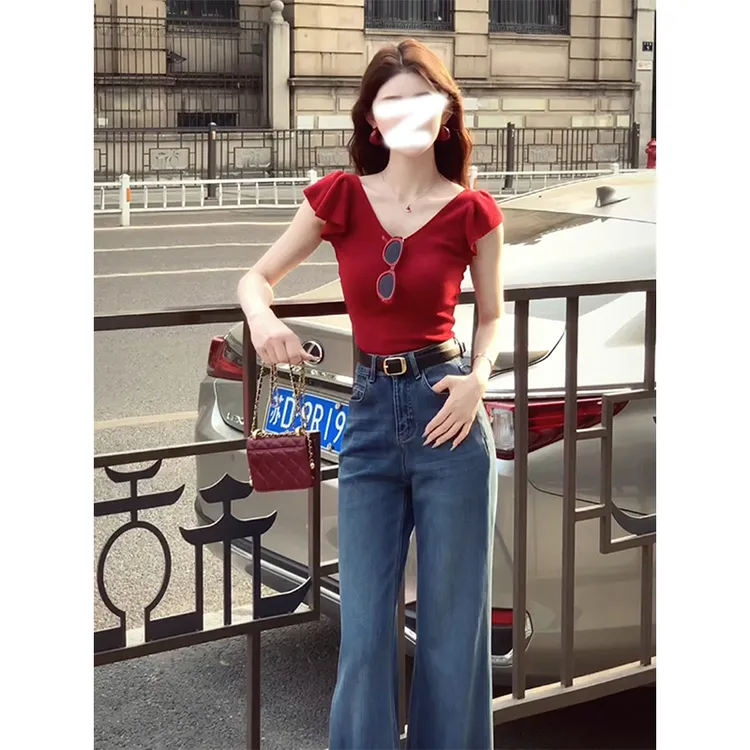 法式气质红色V领小飞袖针织上衣女夏季短款轻奢高级感炸街短袖t恤