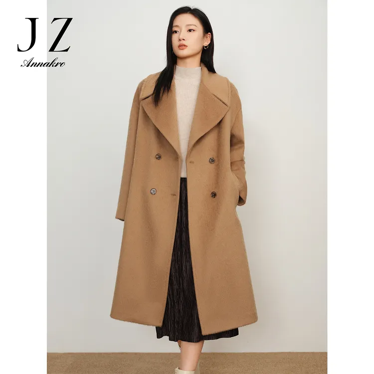 玖姿安娜蔻JTDD72136驼色长毛绒感大衣气质双排扣落肩热力感外套