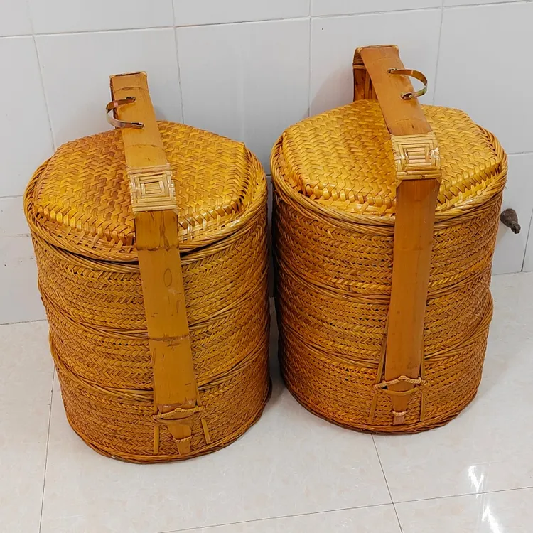 手工编织三层加固40厘米竹编烧香篮子上色封油特色神篮可挑60斤