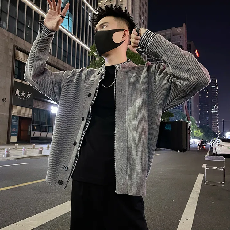 格纹拼接假两件针织立领外套男款秋冬季2025新款爆款百搭开衫毛衣