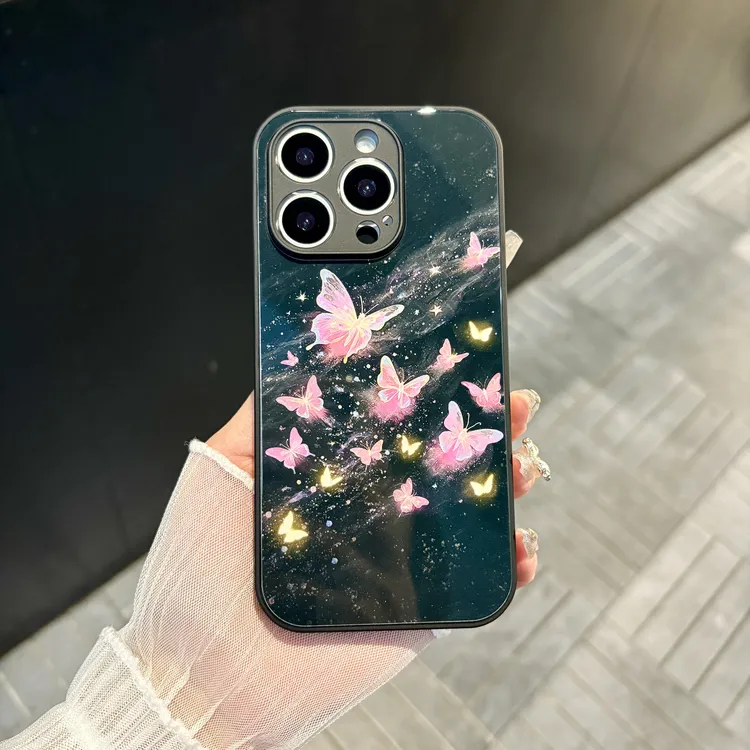 苹果/华为/oppo/vivo/小米 炫彩立体蝴蝶适用iPhone16玻璃手机壳