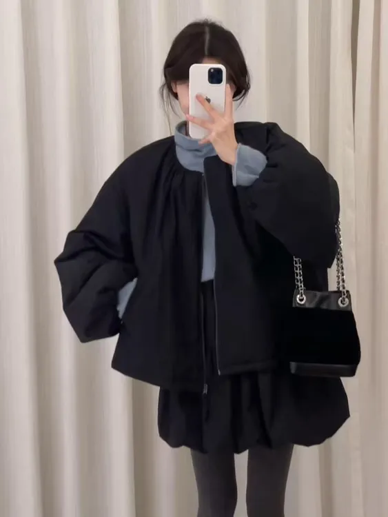 2025秋冬新款韩系穿搭高领打底衫黑色云朵棉服搭配短裙保暖三件套