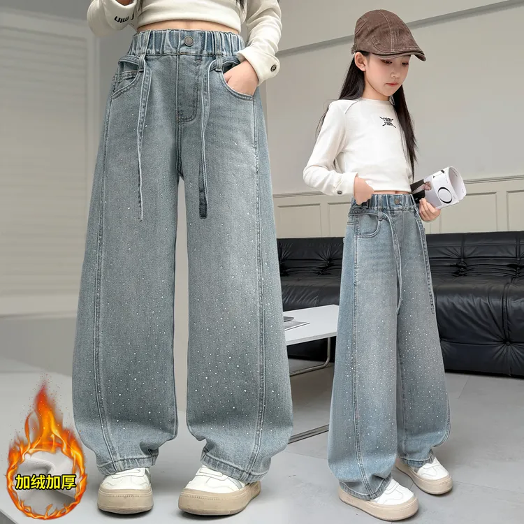 女童冬季时尚加绒百搭烫钻阔腿裤6~12岁中大童洋气韩版时髦休闲潮