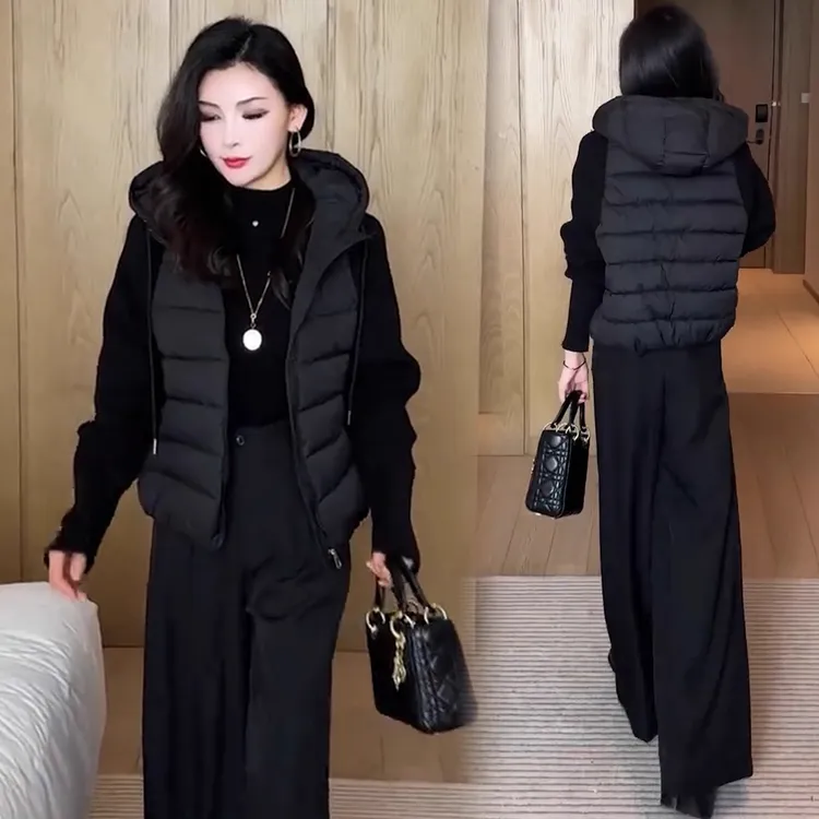 时尚连帽棉服女2025年冬季新款洋气宽松加厚保暖针织拼接棉袄潮