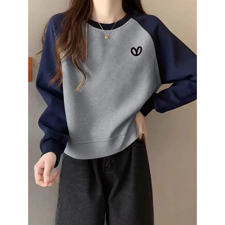 美式复古插肩长袖加绒卫衣女秋冬短款小个子宽松套头外套爆款上衣