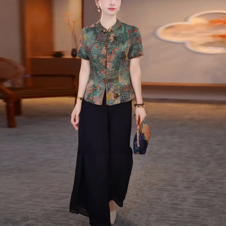 冰丽丝阔太太时髦女套装2025夏季新款新中式盘扣时尚宽松两件套装