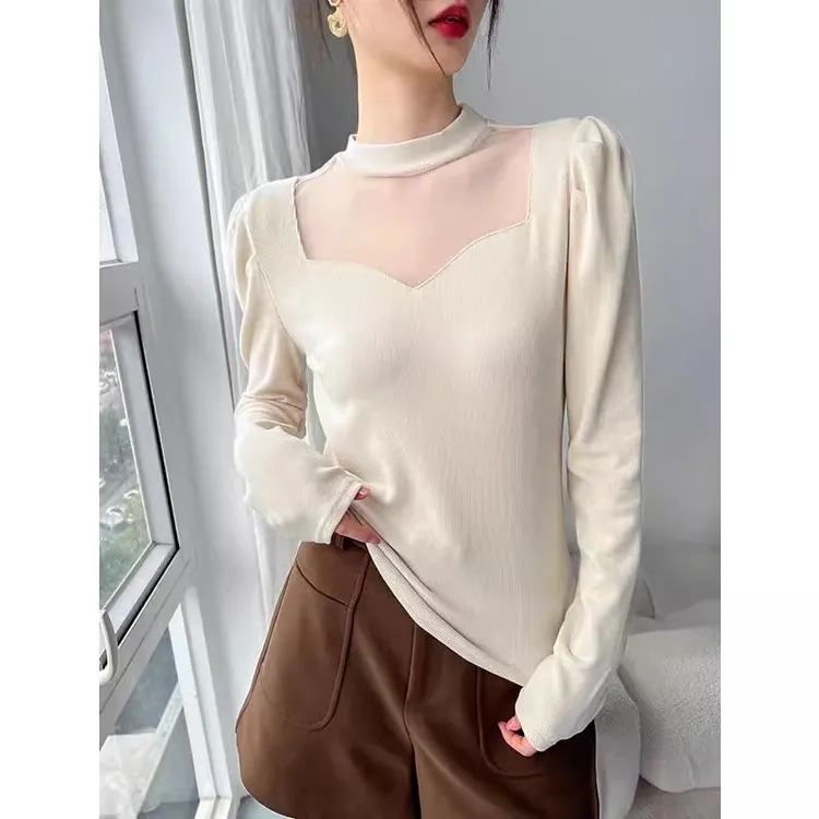 网纱拼接长袖t恤女2025新款春秋季高级感挂脖显瘦设计感打底上衣