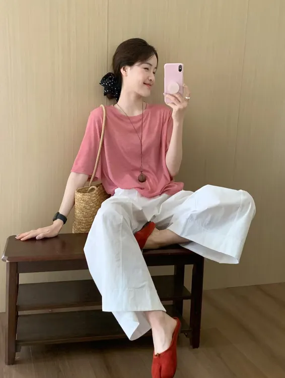 【色彩哲学】韩系休闲套装女夏装简约慵懒圆领短袖上衣阔腿裤宽松