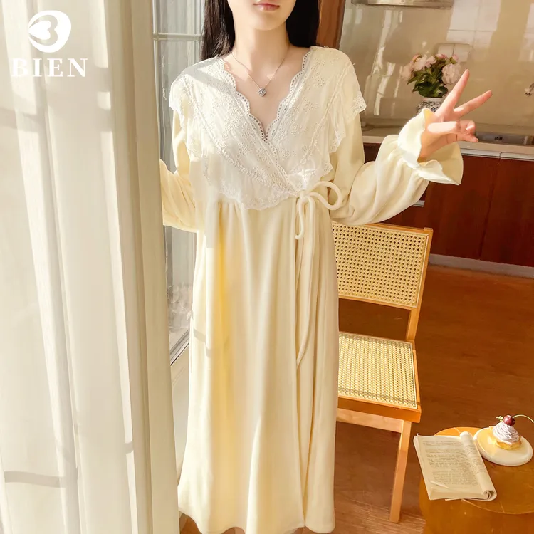 BIEN海岛绒睡袍女秋冬季甜美可爱公主家居服可外穿薄绒冬天睡裙
