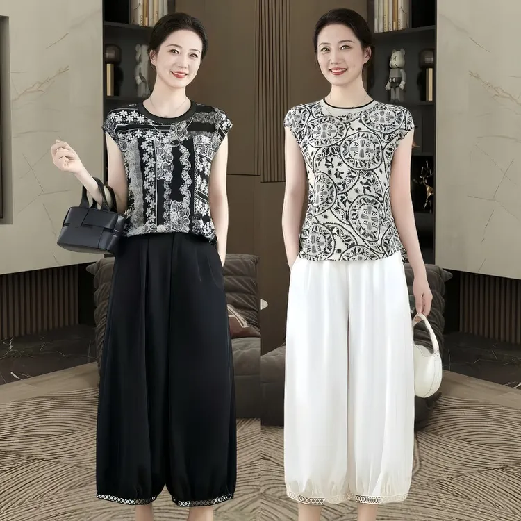 时尚休闲风短袖两件套街头风裤套装宽松碎花上衣八分阔腿裤套装