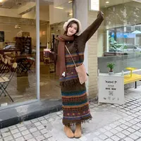 【大码】2282秋冬美拉德套头毛衣套装流苏复古针织毛衣长裙两件套