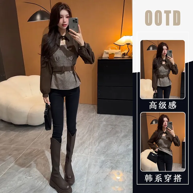 2025春秋季新款收腰百搭镂空时尚假两件上衣女黑色修身裤子两件套