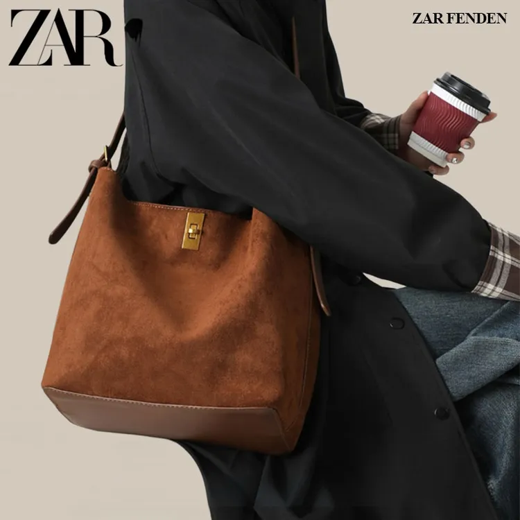 ZAR FENDEN复古绒面通勤水桶包2025秋冬新款气质大容量单肩斜挎包