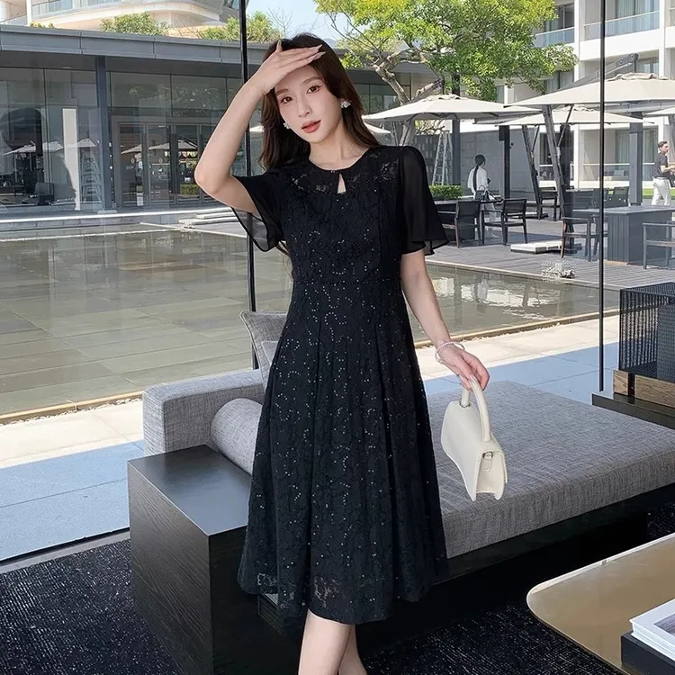 【宇宝】大码女装2025夏季新款胖妹妹圆领轻奢优雅精致连衣裙蕾丝裙