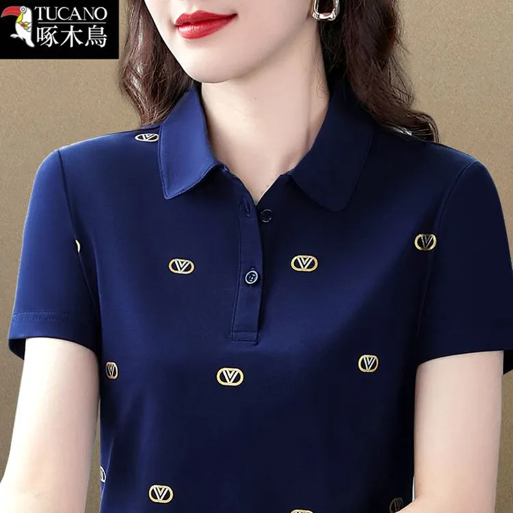 啄木鸟通勤短袖T恤女纽扣翻领POLO衫2025年夏季新款时尚复古上衣